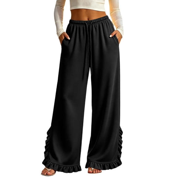 Lutiedan Womens Wide Leg Pants Side Split Ruffle Hem Flowy Pants Fall Casual Elastic Waist Pants with Pockets S-XXL