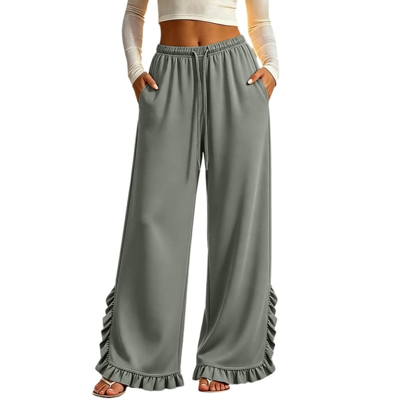 Lutiedan Womens Wide Leg Pants Side Split Ruffle Hem Flowy Pants Fall Casual Elastic Waist Pants with Pockets S-XXL
