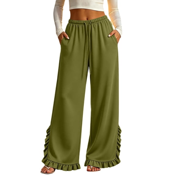 Lutiedan Womens Wide Leg Pants Side Split Ruffle Hem Flowy Pants Fall Casual Elastic Waist Pants with Pockets S-XXL