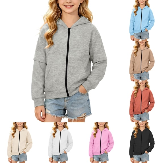 Lutiedan Zip Up Hoodie for Girls Casual Long Sleeve Fleece Sweatshirt Fall Lightweight Hooded Jacket with Pockets Size 4-15