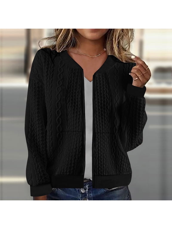 Zip up Cardigan Sweater for Women Cable Knit Cropped Jackets Long Sleeve V Neck Casual Outerwear S-XXL,Black