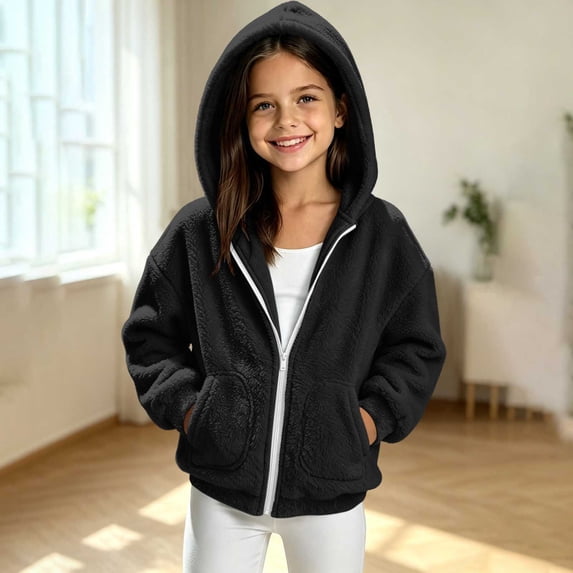 Lutiedan Zip up Sherpa Jacket for Girls Fuzzy Fleece Hooded Warm Outerwear Lightweight Casual Winter Coat with Pockets Size 5-15,Black