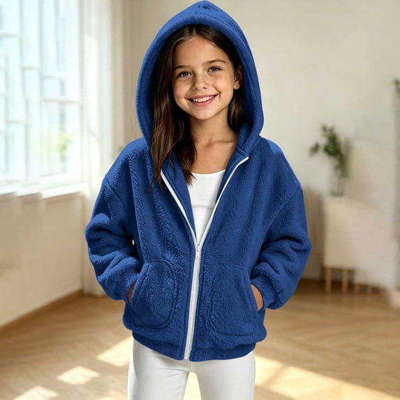 Lutiedan Zip up Sherpa Jacket for Girls Fuzzy Fleece Hooded Warm Outerwear Lightweight Casual Winter Coat with Pockets Size 5-15,Blue