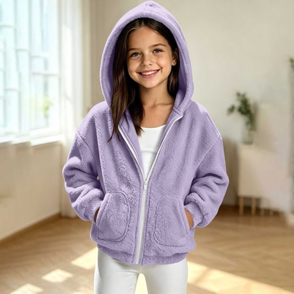 Lutiedan Zip up Sherpa Jacket for Girls Fuzzy Fleece Hooded Warm Outerwear Lightweight Casual Winter Coat with Pockets Size 5-15,Purple