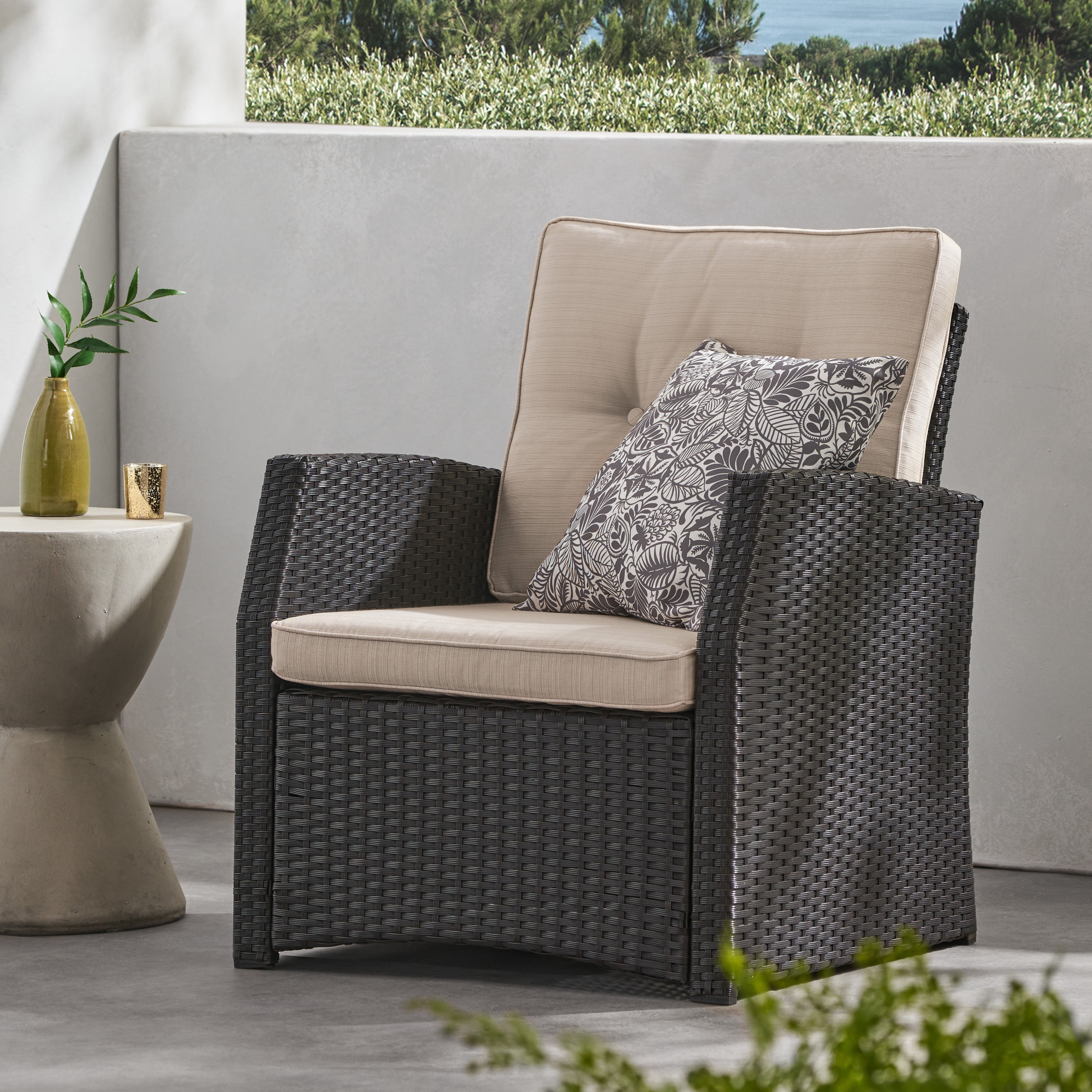 Luton Wicker Outdoor Club Chair with Cushions, Dark Brown and Beige