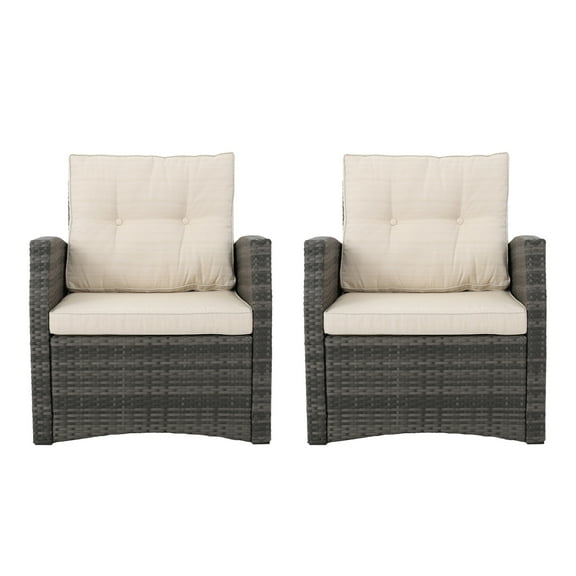 Luton Wicker Outdoor Club Chairs with Cushions, Set of 2, Gray and Beige