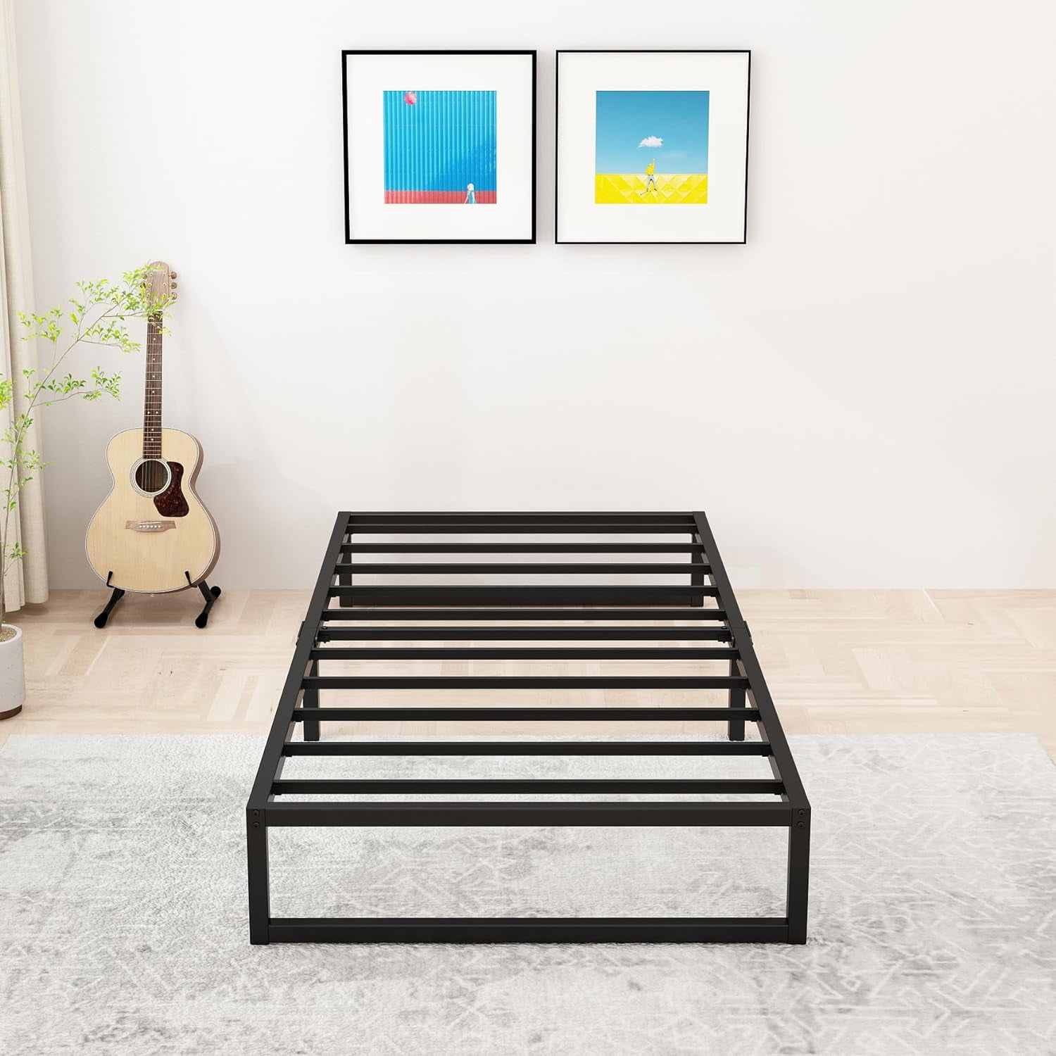 Black Powder Coated Twin Metal Platform Bed Frame with Slats