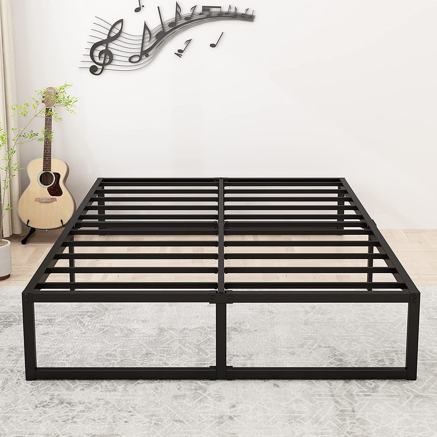 Lutown-Teen 14 inch Queen Bed Frame No Box Spring Needed, Easy Assembly, Heavy Duty Steel Slat Support Metal Platform Bed Frame Queen Size, Black