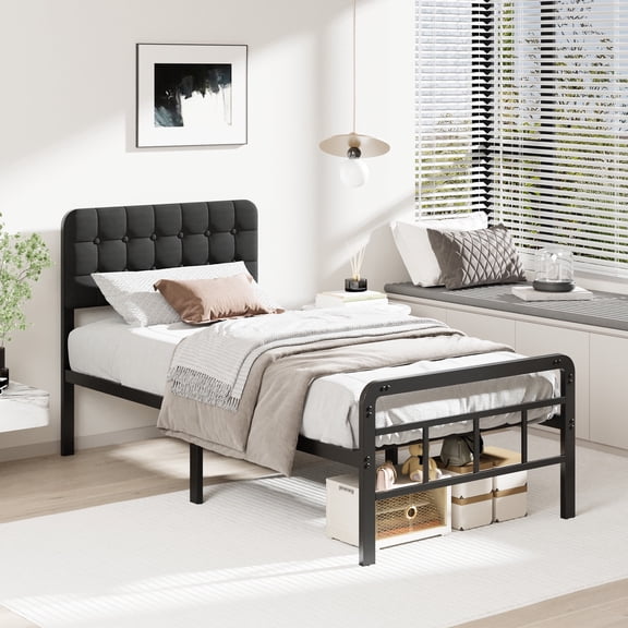 Lutown-Teen 16 inch Twin XL Bed Frames with Upholstered Headboard and Metal Footboard, Heavy Duty XL Twin Metal Bed Frame, No Box Spring Needed, Easy Assembly