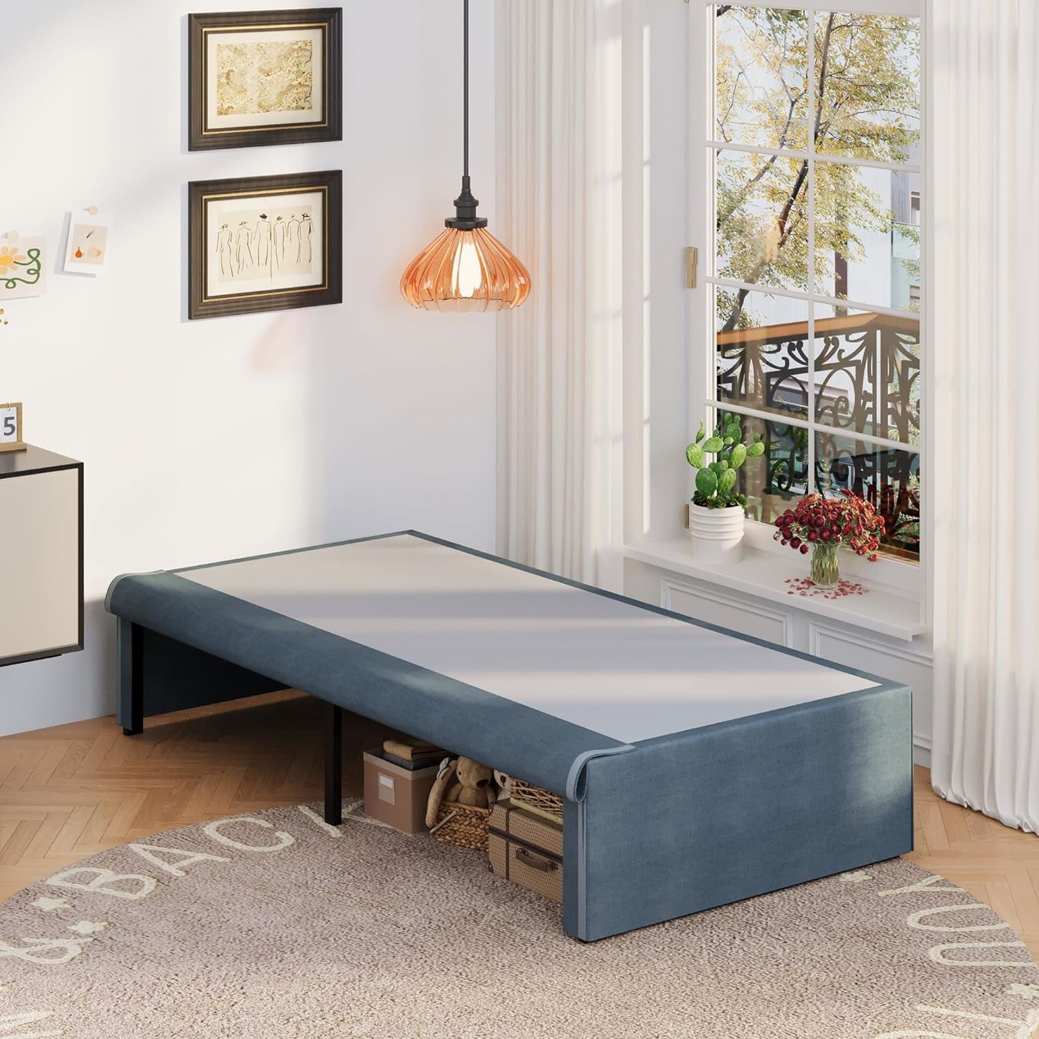 Lutown-Teen 16 inch Twin Metal Platform Bed Frame with Fabric Cover, No Box Spring Needed, Easy to Install, Black