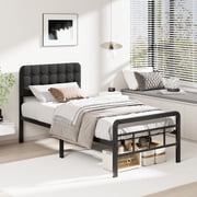 Lutown-Teen 18 inch Twin XL Bed Frames with Upholstered Headboard and Metal Footboard, Heavy Duty XL Twin Metal Bed Frame, No Box Spring Needed, Easy Assembly
