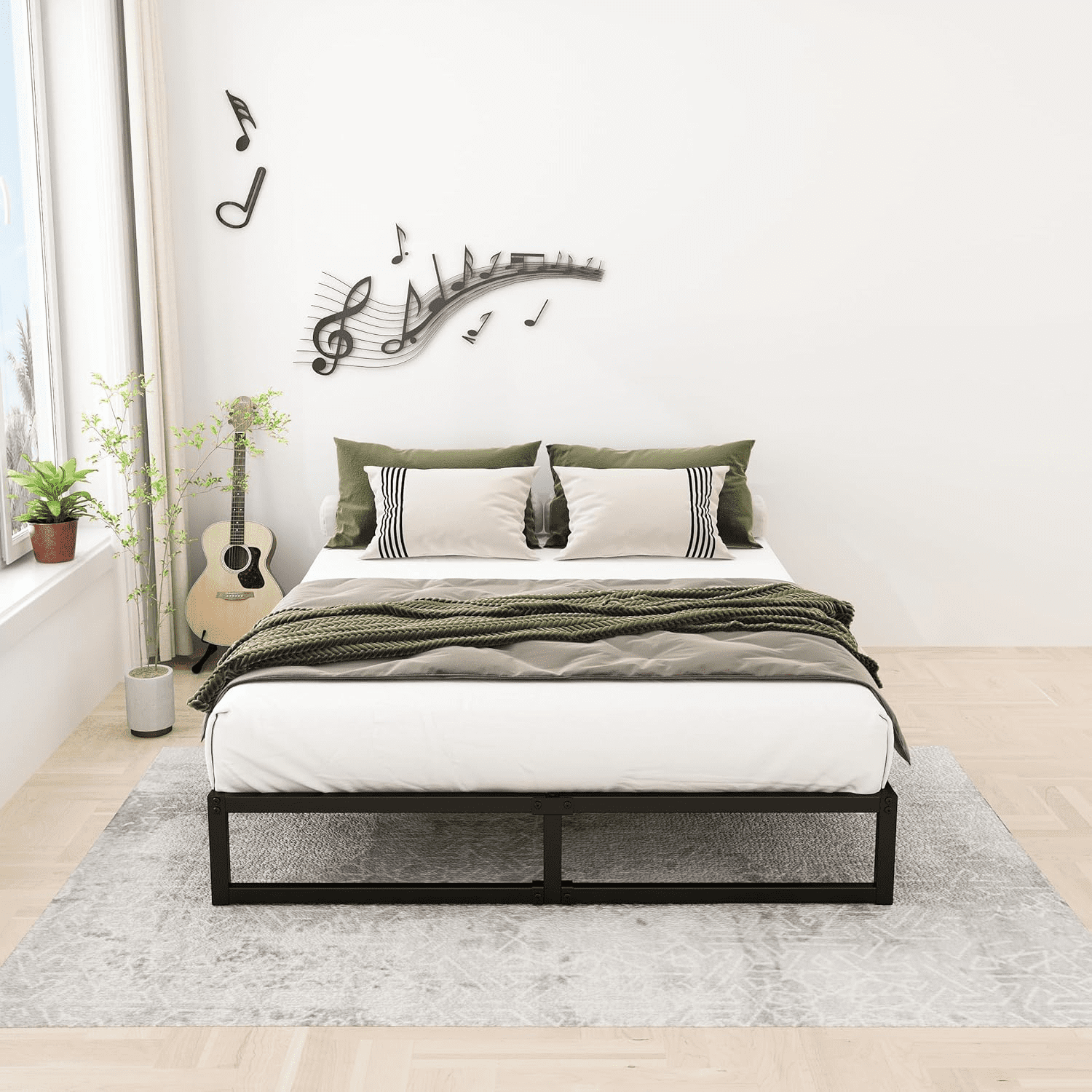 Lutown-Teen Metalen Bedframe 150x200 cm met Gebogen Hoofdbord, Hoogte 36cm, Bed Frame 150 x 200 Metaal met Lattenbodem, Eenvoudige Montage, Opbergruimte onder het bed, Zwart