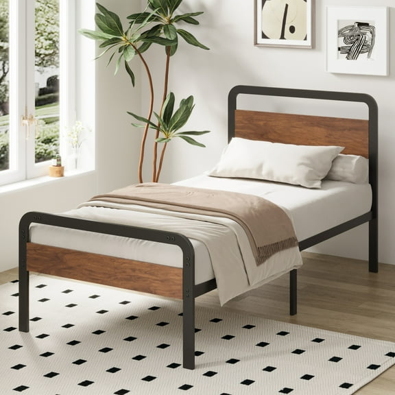 Lutown-Teen Twin Bed Frames with Wood Headboard and Footboard, 14 Inch Metal Twin Platform Bed Frame No Box Spring Needed, Easy Assembly