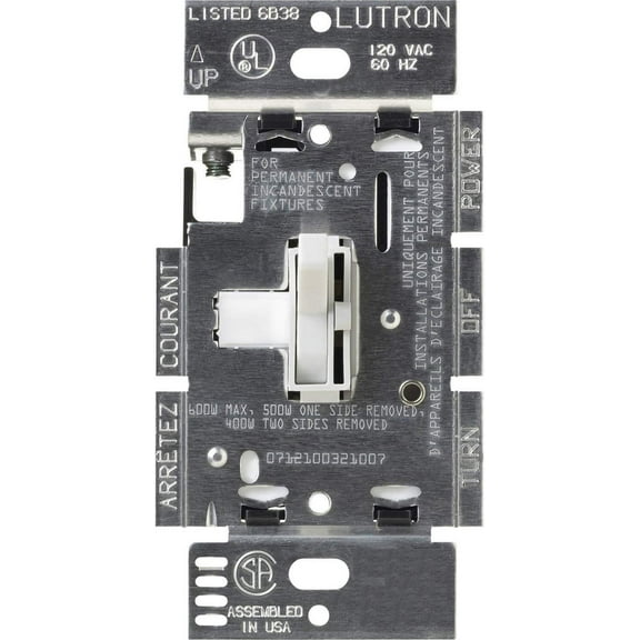 Lutron Ariadni TG-603PH-WH Dimmer, 5 A, 120 V, 600 W, Halogen, Incandescent Lamp, 3-Way, White