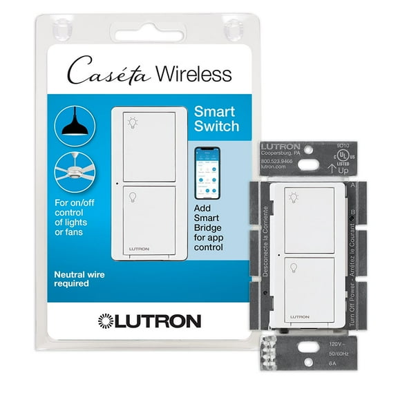Lutron Caseta Original Smart Light Switch (Lutron Smart Hub Required), for Home, LED Lights, and Fans, 6 Amp, Single-Pole/3-Way, Neutral Required, PD-6ANS-WH, White CA2