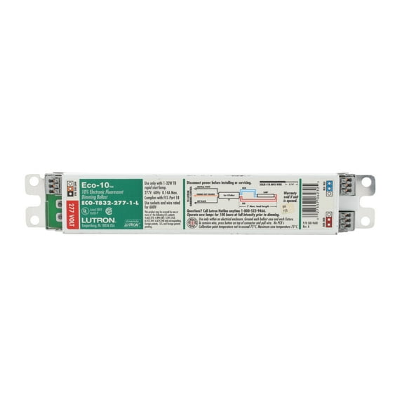 Lutron ECO-T832-277-1-L Fluorescent Dimming Ballast, 1-Lamp, 32W T8, F32T8, 277V