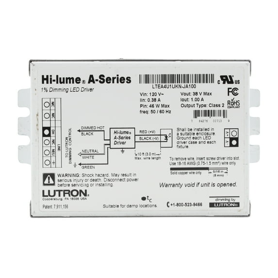Lutron LTEA4U1UKN-JA100 Hi-Lume 1% Dimmable LED Driver, 46-Watt, 38-Vdc, 120V