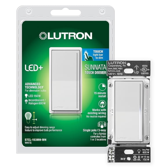Lutron Sunnata Touch Dimmer with LED+ Advanced Technology, LED/INCAND/HAL, 3 Way/Multi Location, White