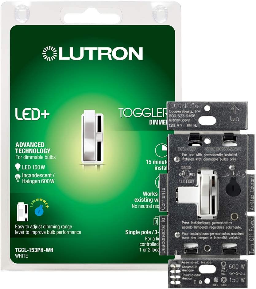 Lutron Toggler LED+ Dimmer Switch 150Watt LED, SinglePole/3Way