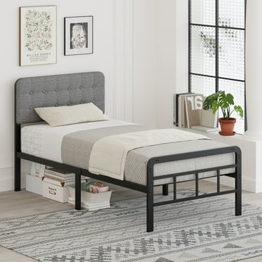 Lutwon-Teen 12 Inch Twin Bed Frames with Upholstered Headboard and Metal Footboard, Heavy Duty Metal Twin Size Bed Frame, No Box Spring Needed, Easy Assembly