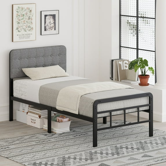 Lutwon-Teen 12 Inch Twin Bed Frames with Upholstered Headboard and Metal Footboard, Heavy Duty Metal Twin Size Bed Frame, No Box Spring Needed, Easy Assembly