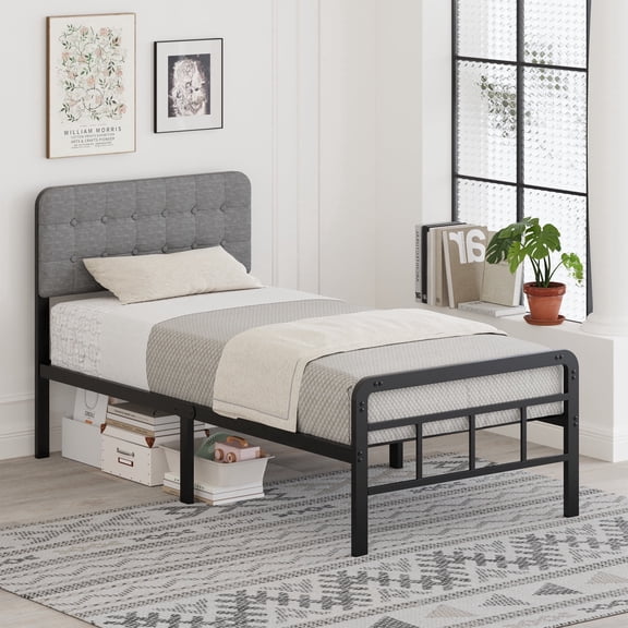 Lutwon-Teen 18 inch Twin Bed Frames with Upholstered Headboard and Metal Footboard, Heavy Duty Metal Twin Size Bed Frame, No Box Spring Needed, Easy Assembly
