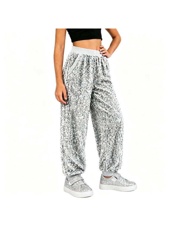 Girls Boys Sequin Jogger Pants Sparkle High Waist Kids Glitter Dancewear Trousers with Pockets