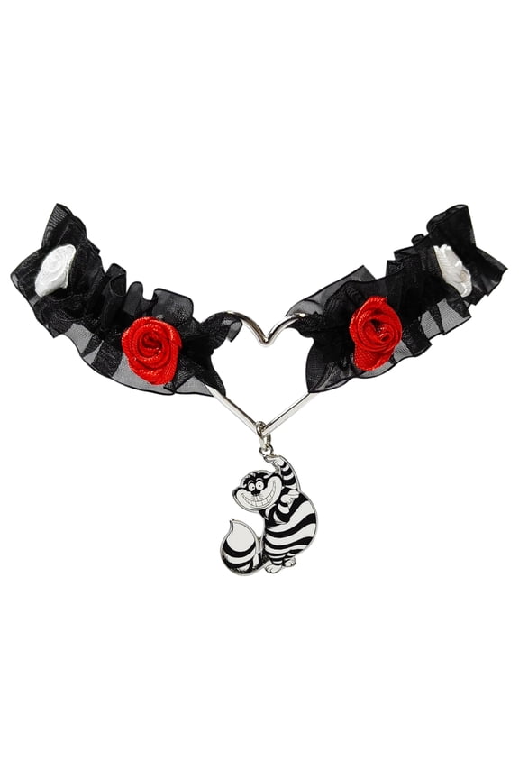 Alice in Wonderland Heart Charm Choker Necklace with Black Ruffled Lace, Red & White Rose Details, and Pendant - Adjustable for Women and Girls, Ages 3+