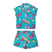 Luv Betsey Girls Ruffle Short Sleeve Button Front Top with Ruffle Short, 2-Piece Pajama Set, Sizes 4-16