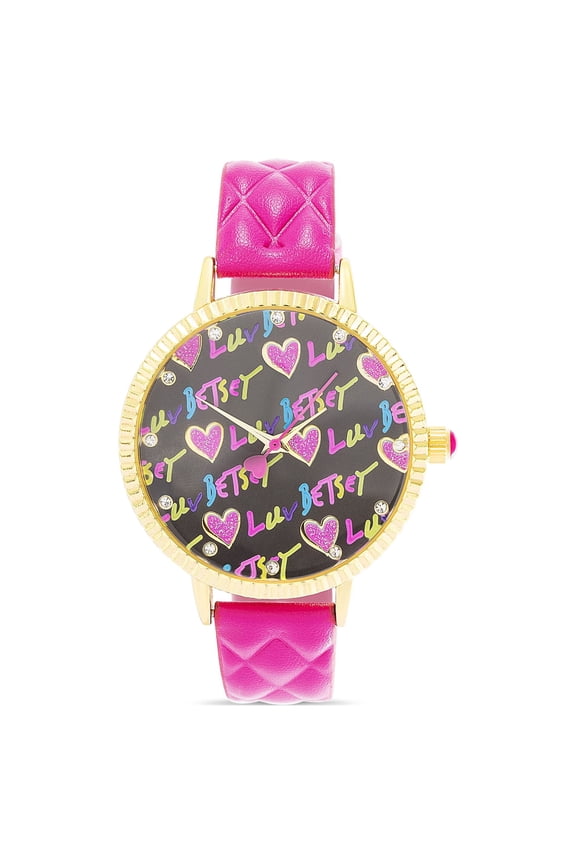 Women's Black Dial with Color Glitter Printed with Gold Case and Pink Quilted Strap Women's Watch