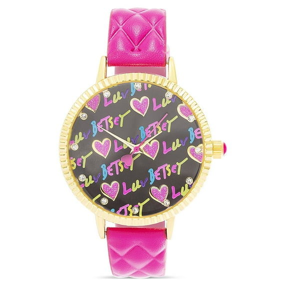 Luv Betsey Women's Black Dial with Color Glitter Printed with Gold Case and Pink Quilted Strap Women's Watch