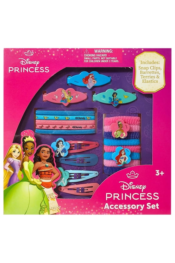 Disney Girls' Hair Accessories Set - 20 Pack Featuring Disney Princesses - Includes 3 Barrettes, 4 Snap Clips, 5 Elastics, 8 Terry Ponies - Everyday Wear, Special Occasions, Ages 3+