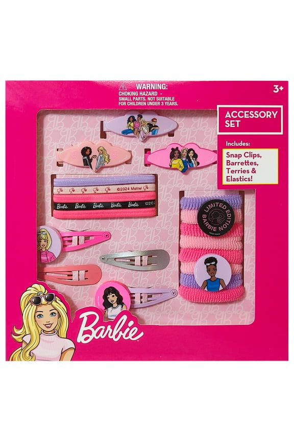Girls' Hair Accessories Set - 20 Pack Featuring Barbie - Includes 3 Barrettes, 4 Snap Clips, 5 Elastics, 8 Terry Ponies - Everyday Wear, Special Occasions, Ages 3+