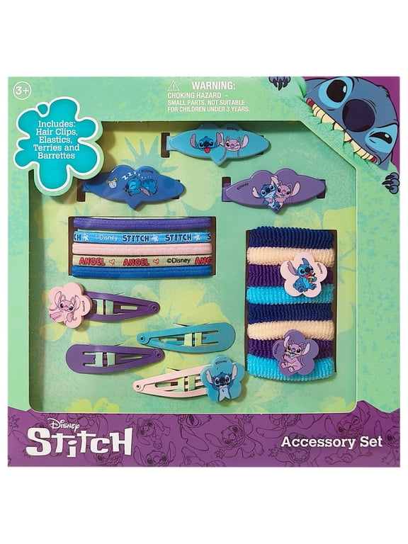 Girls' Hair Accessories Set - 20 Pack Featuring The Stitch - Includes 3 Barrettes, 4 Snap Clips, 5 Elastics, 8 Terry Ponies - Everyday Wear, Special Occasions, Ages 3+