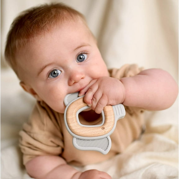 Luv N Care/NUBY Nuby Natural Wood & Silicone Teether: Elephant, 3M+, Gray 80802