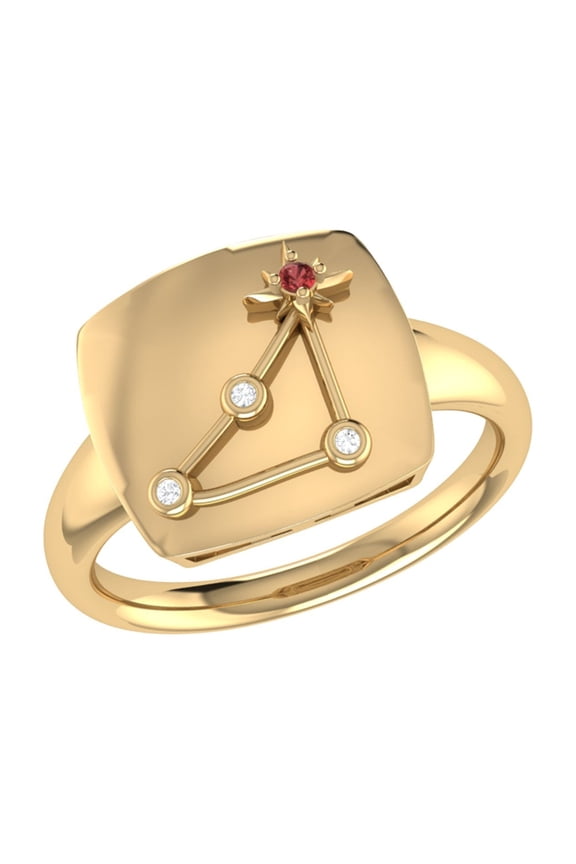 Capricorn Goat Natural Garnet Gemstone and Diamond Constellation Signet Ring - Available in 14K Yellow Gold for Wedding and Gifts (Color G-H, Clarity SI1) (Ring Size: 7)