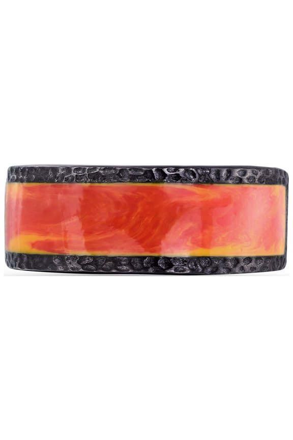 Mista Lava Design Black Rhodium Plated Texture with Red Orange Enamel Band Ring for Men - Available in 925 Sterling Sterling Silver Rings for Special Occasions (Ring Size: 9)