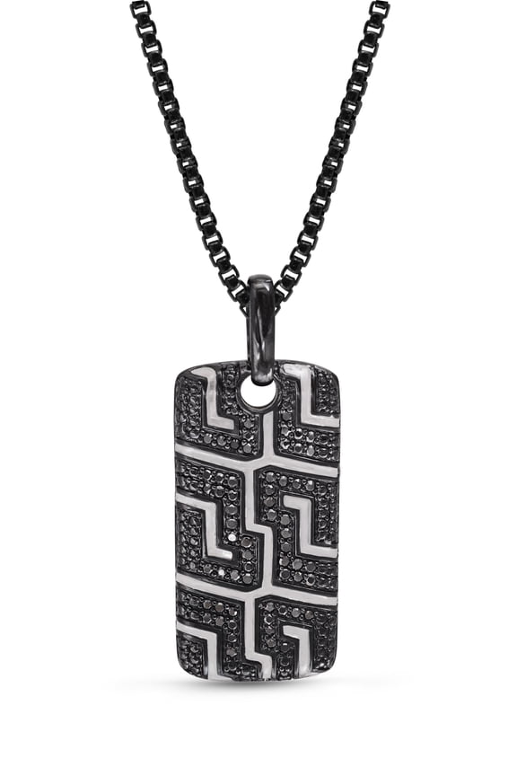 Pro Rider Design Black Rhodium Plated Tire Tread Pattern Black Diamond Tag with Chain for Men - Available in 925 Sterling Silver Tag for Occasions and Party (Color HI, Clarity I2-I3)