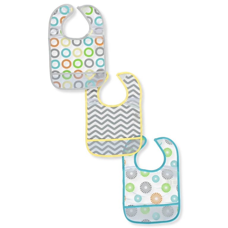 Luvable Friends 3-Pack Waterproof Baby Bibs With Crumb Catcher - Yellow Pinwheels Design (PEVA)