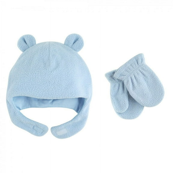Luvable Friends Baby Boy Beary Cozy Hat and Mitten Set 2pc, Light Blue, 6-12 Months