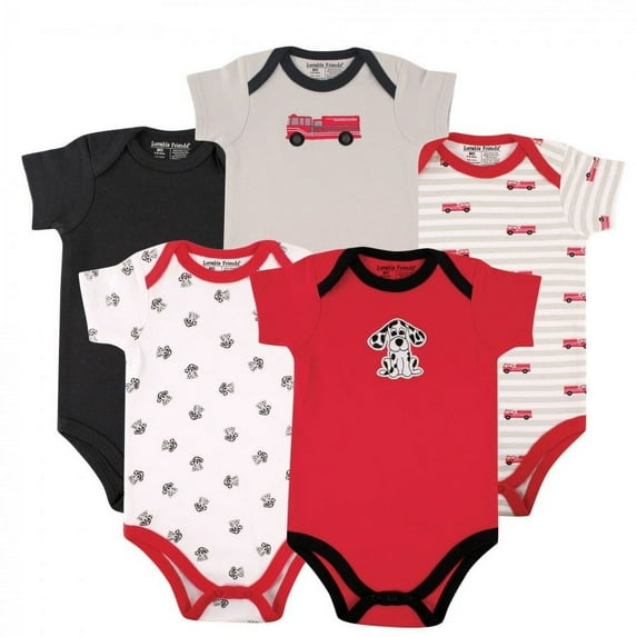 Luvable Friends Baby Boy Cotton Bodysuits 5pk, Fire Truck, 3-6 Months