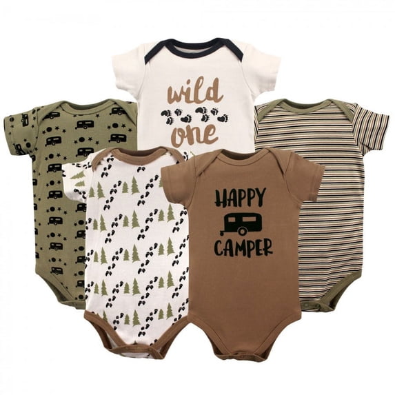 Luvable Friends Baby Boy Cotton Bodysuits 5pk, Happy Camper, 9-12 Months