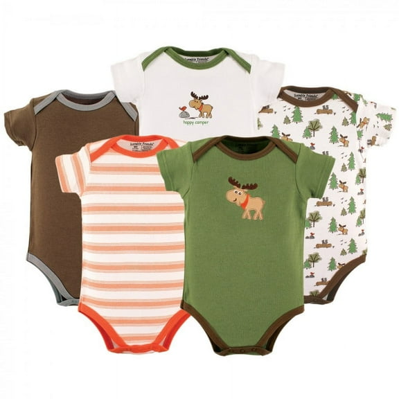 Luvable Friends Baby Boy Cotton Bodysuits 5pk, Moose, 6-9 Months