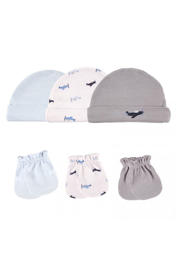 Baby Boy Cotton Caps and Scratch Mittens 6pk, Airplane, 0-6 Months