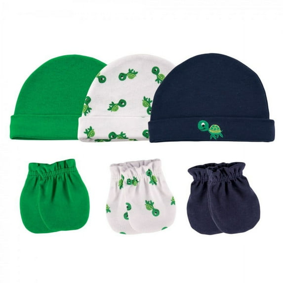 Luvable Friends Baby Boy Cotton Caps and Scratch Mittens 6pk, Turtle, 0-6 Months