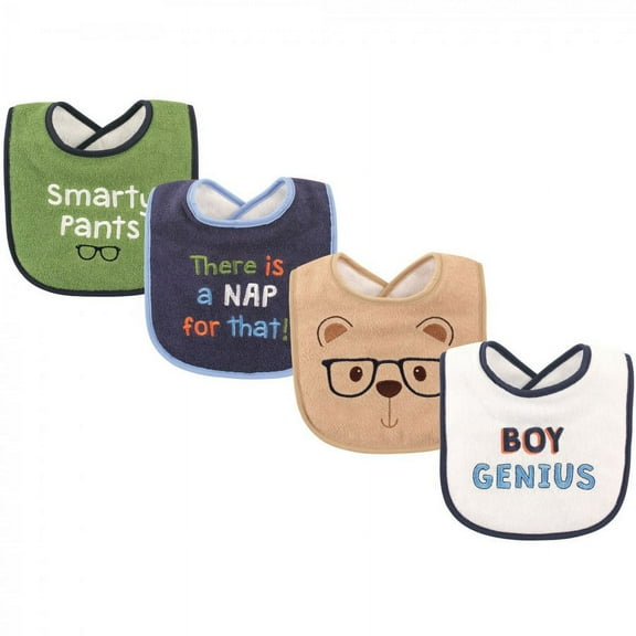 Luvable Friends Baby Boy Cotton Drooler Bibs with Fiber Filling 4pk, Genius, One Size