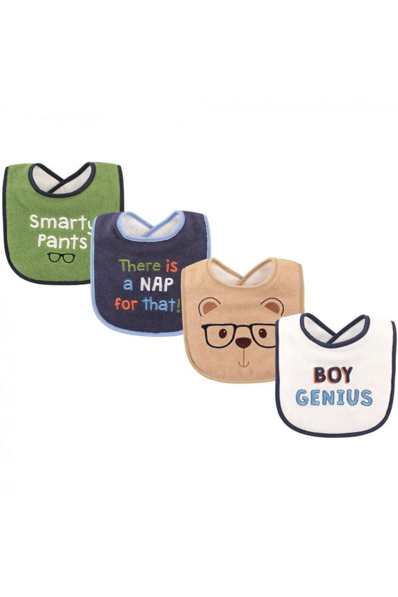 Baby Boy Cotton Drooler Bibs with Fiber Filling 4pk, Genius, One Size