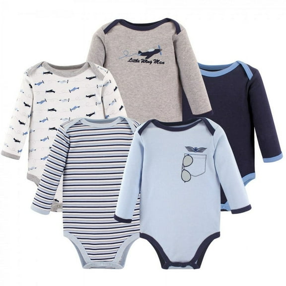 Luvable Friends Baby Boy Cotton Long-Sleeve Bodysuits 5pk, Airplane, 9-12 Months