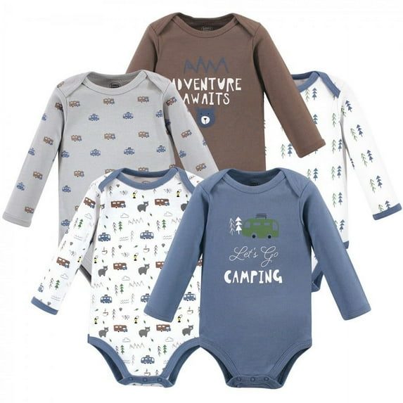 Luvable Friends Baby Boy Cotton Long-Sleeve Bodysuits 5pk, Camping, 18-24 Months