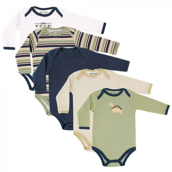 Luvable Friends Baby Boy Cotton Long-Sleeve Bodysuits 5pk, Dinosaur, 9-12 Months